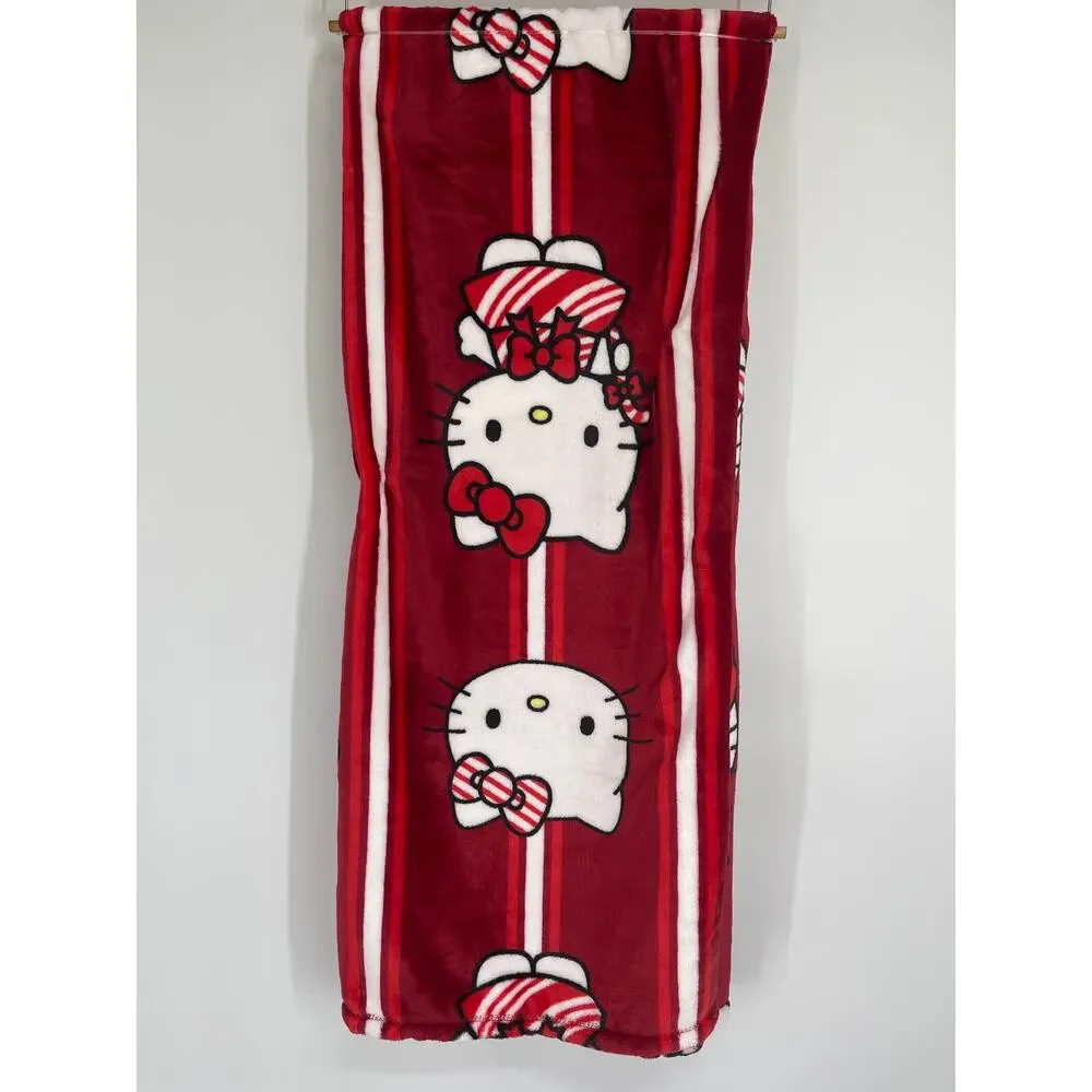 Hello Kitty Holiday Plush Throw Blanket 50 x 70 inches Red Candy Cane NEW